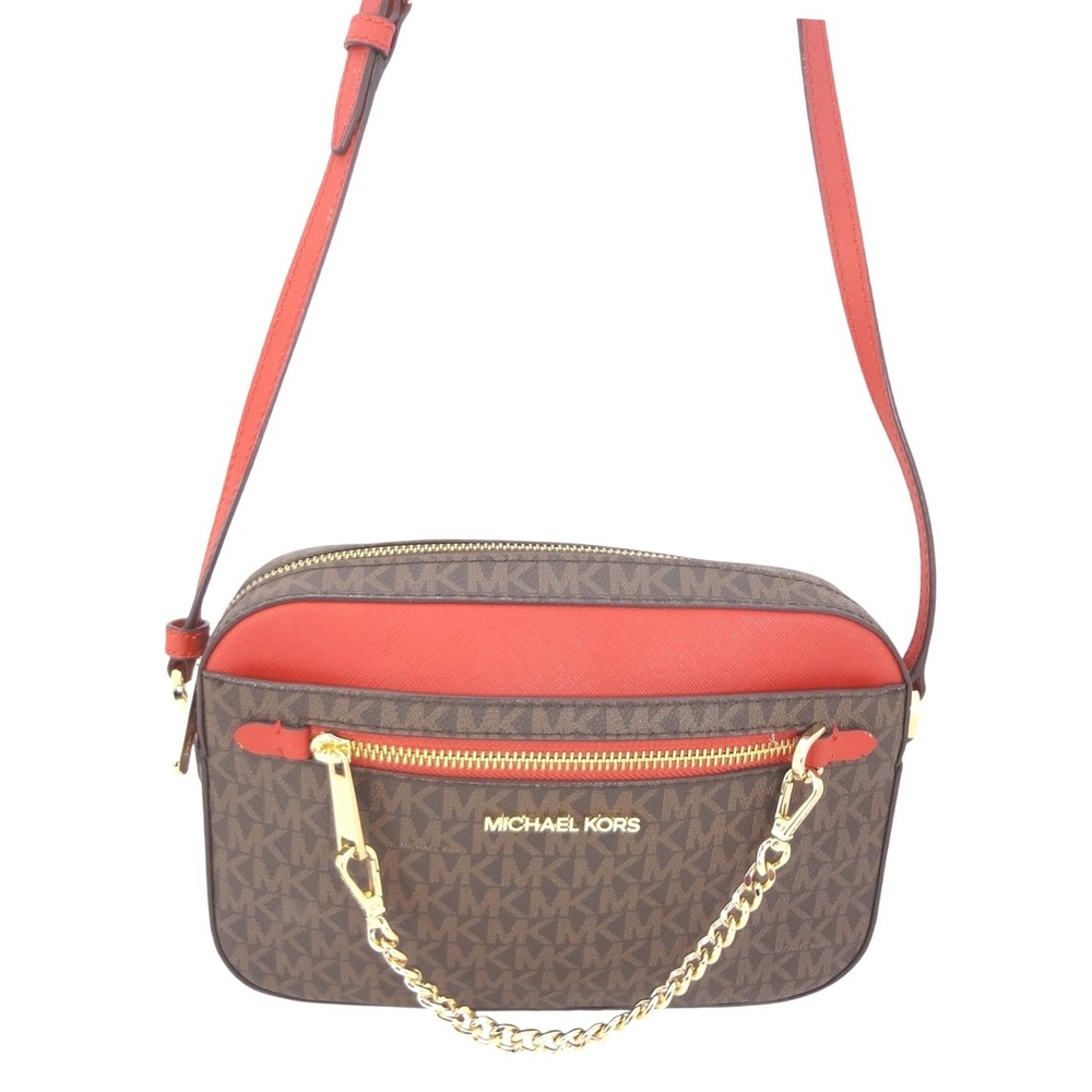 Michael Kors Zip Chain Crossbody Bag Brown Flame Red Excellent Jet Set East West